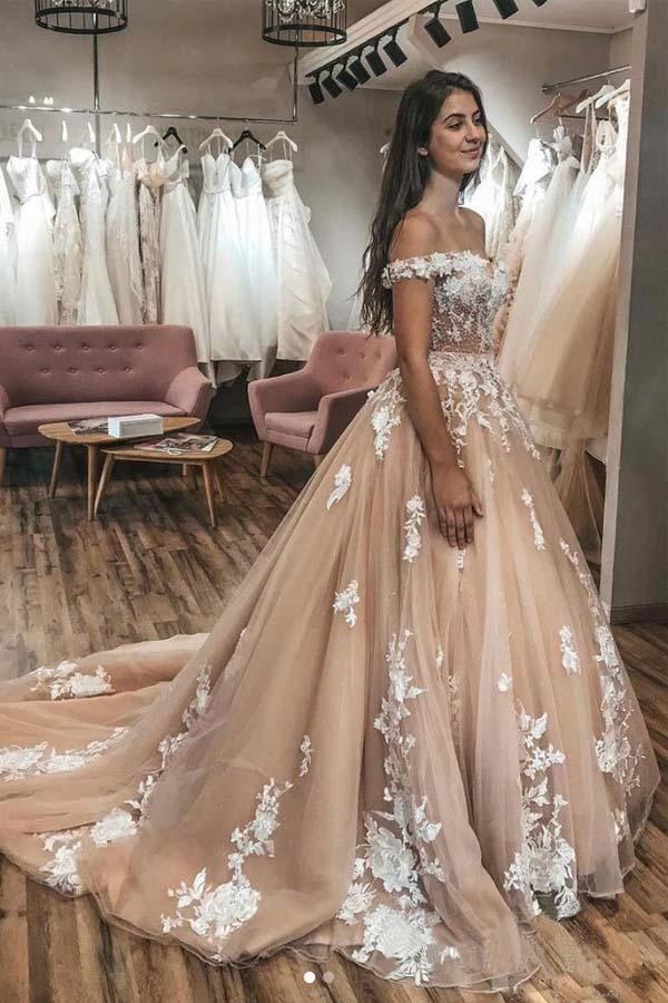 Ivory Lace Appliqued Champagne Off Shoulder Wedding Gowns Court Train (ZD15320) - VelvetHem