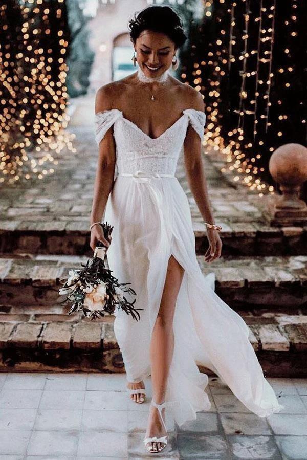 Ivory Lace Off The Shoulder Backless Chiffon Split Wedding Dresses (ZD15279)