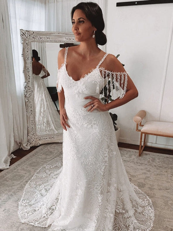 Boho Leaf Lace Spaghetti Strap Fringe Deep V Neck Sheath Wedding Dress - VelvetHem
