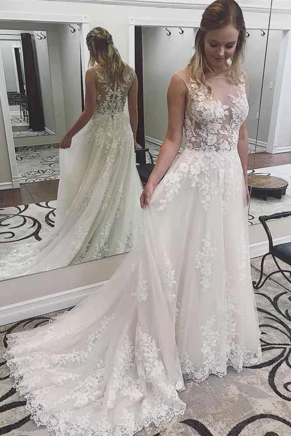 Ivory Lace Wedding Dresses See Through Applique with Court Train (ZD15399) - VelvetHem