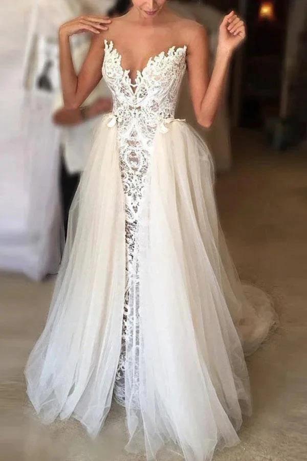 Ivory Long A-line Sweetheart Lace Tulle Wedding Dress (ZD15861) - VelvetHem
