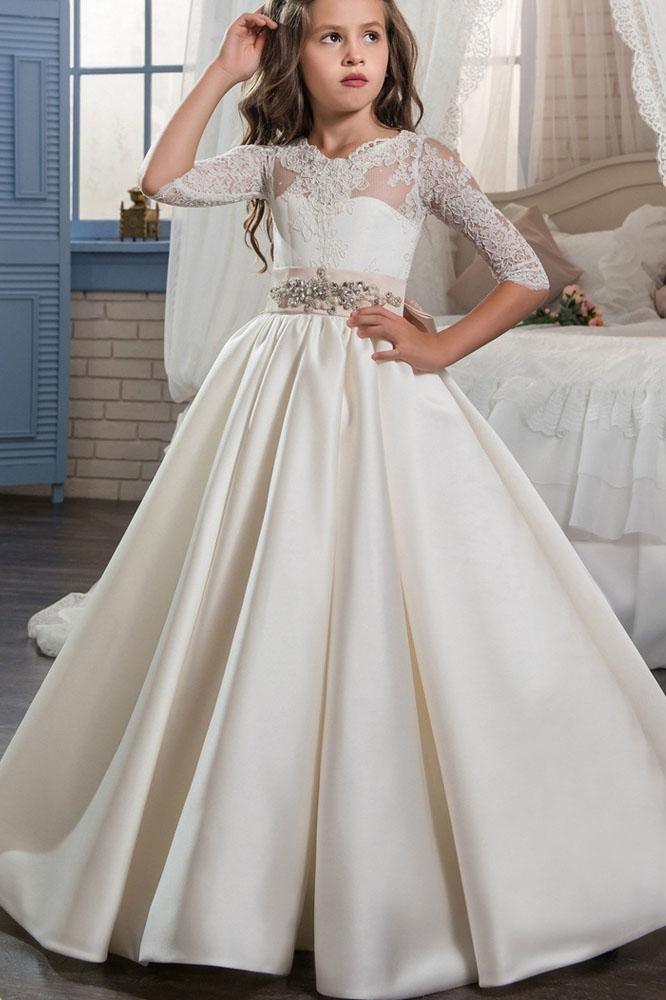 Ivory Long Ball Gown Satin Flower Girl Dresses with Sleeves - VelvetHem