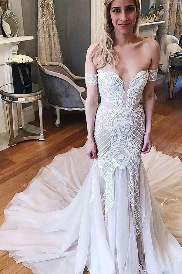 Ivory Long Mermaid Off-the-Shoulder Chapel Train Tulle Lace Wedding Dress (ZD15859) - VelvetHem