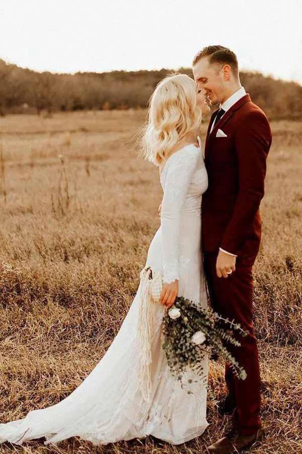 Ivory Long Sleeve Rustic Wedding Dresses Backless Sheath Beach Wedding Dress (ZD15350)