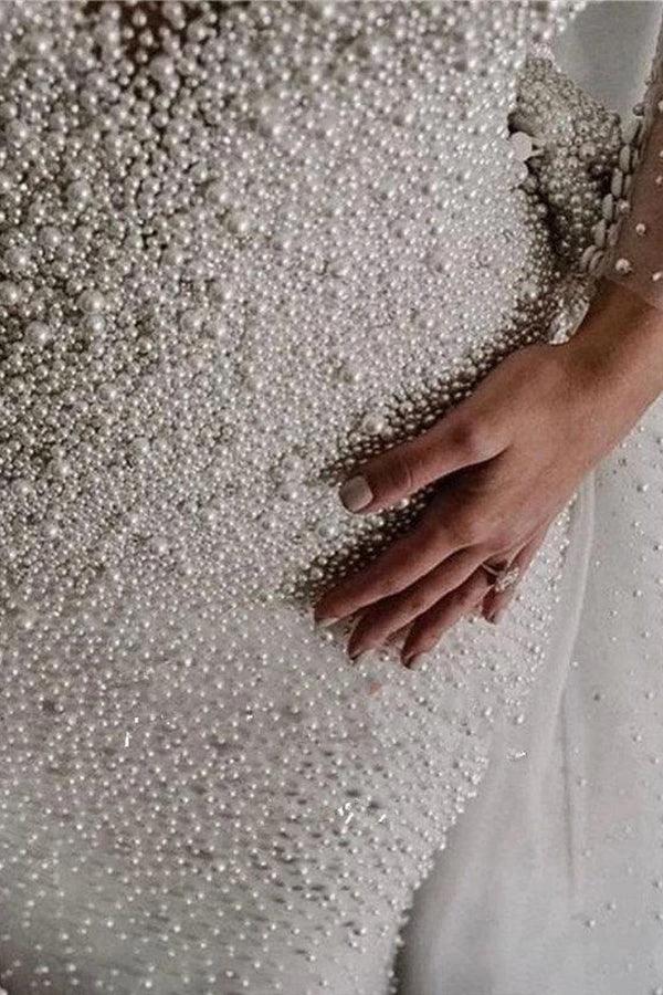 Ivory Long Sleeves Despatchable Train V-neck Button Wedding Dress with Fully coverd Pearls (ZD16425)