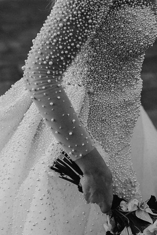Ivory Long Sleeves Despatchable Train V-neck Button Wedding Dress with Fully coverd Pearls (ZD16425)