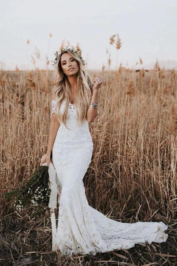 Ivory Mermaid Lace Wedding Dresses Neckline Beach Wedding Dress (ZD16283) - VelvetHem