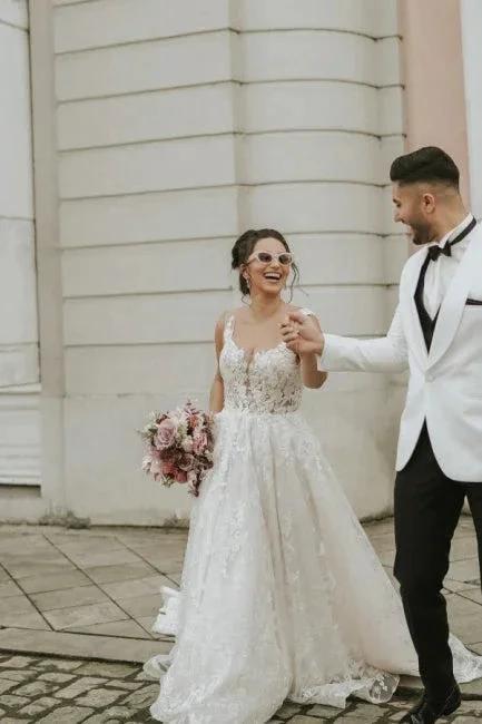 Ivory Sleeveless Straps A-Line Wedding Dress with Chapel Train (ZD14885)