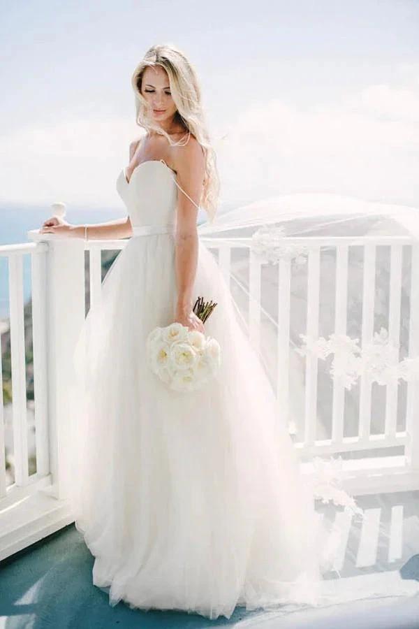 Ivory Tulle Destination Sweetheart Spaghetti Strap Wedding Dress (ZD16056)