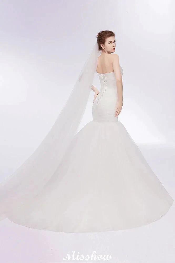 Ivory Tulle Sweetheart Mermaid Strapless Wedding Dresses with Lace-up (ZD13955)