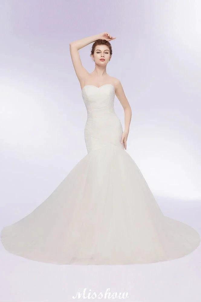 Ivory Tulle Sweetheart Mermaid Strapless Wedding Dresses with Lace-up (ZD13955) - VelvetHem