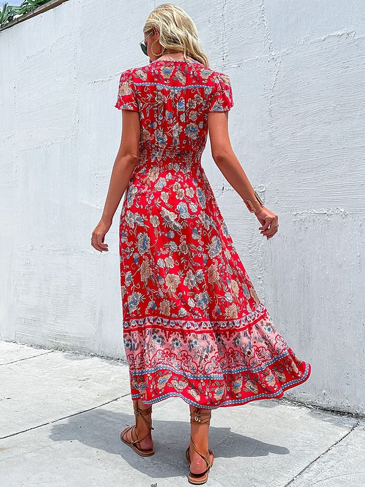 Elena Aesthetic Vintage Style Red Bohemian Maxi Dress Elevated Occasion Wear