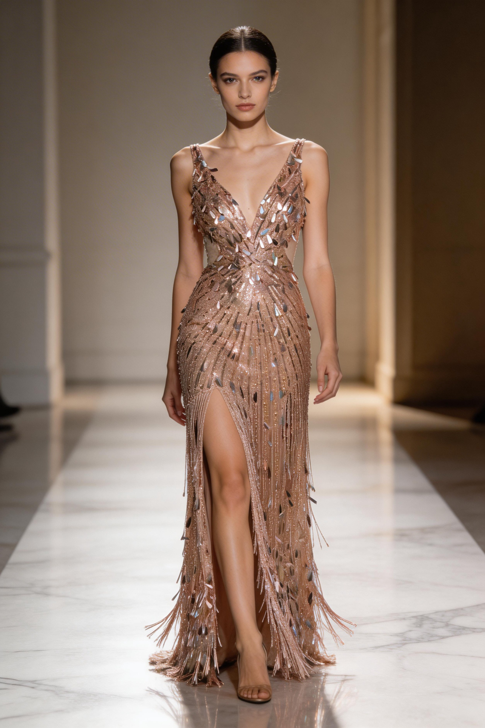 Gilded Flapper Fringe Gown In Champagne Blush With Sequin Shine (ZD17071) - VelvetHem