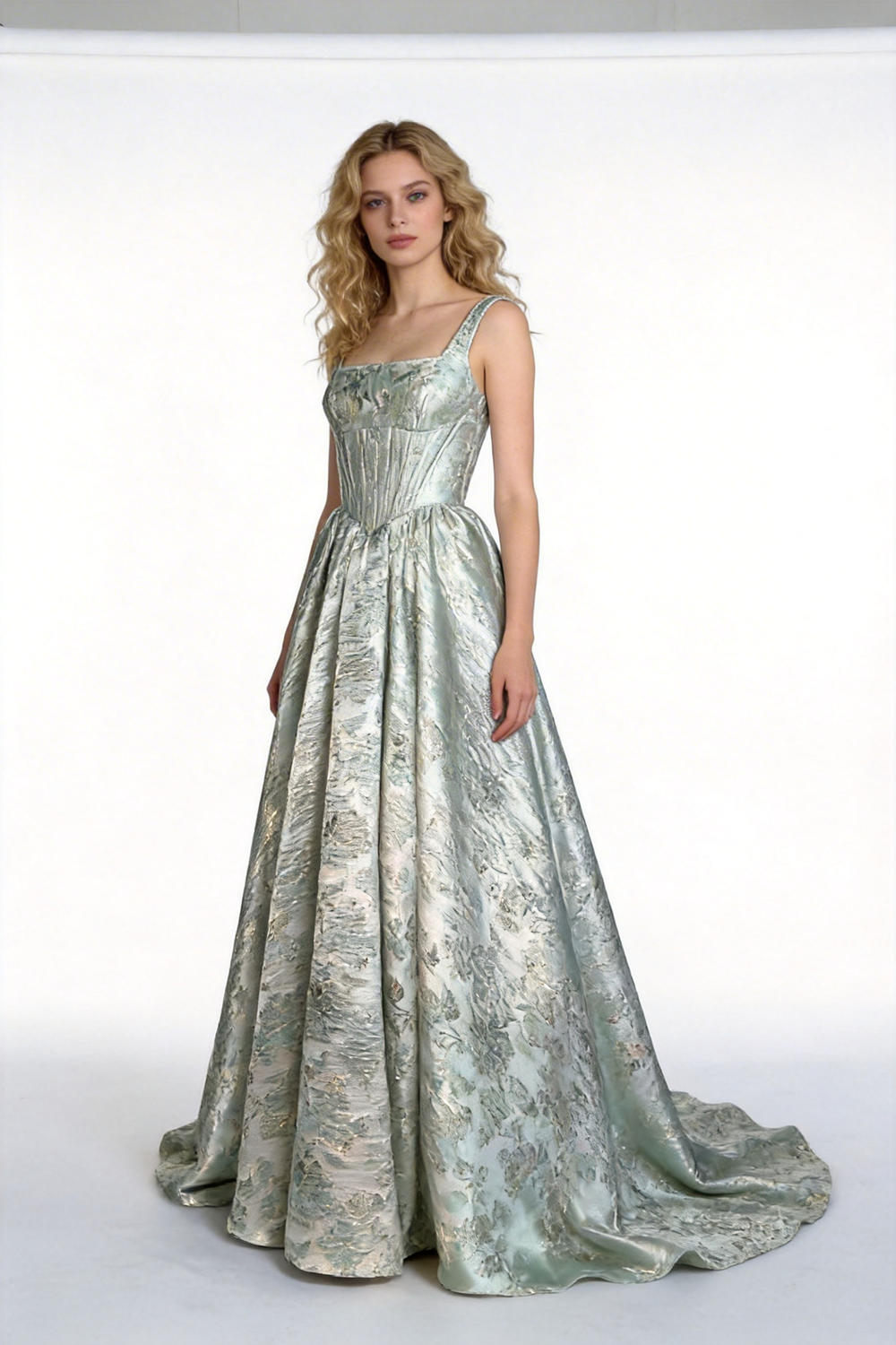 Mint Green Metallic Jacquard Ball Gown With Square Neck and Corset Bodice (ZD17072)
