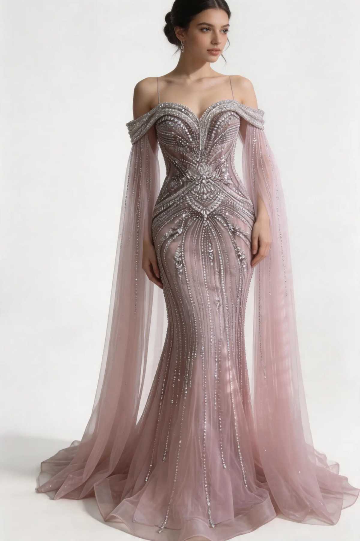 Blush Pink Beaded Off-Shoulder Mermaid Evening Gown with Sheer Cape Sleeves (ZD17068)