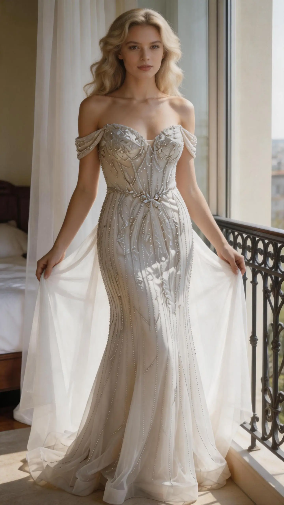 Blush Pink Off-the-Shoulder Beaded Mermaid Gown Formal Evening Dress (ZD16892)