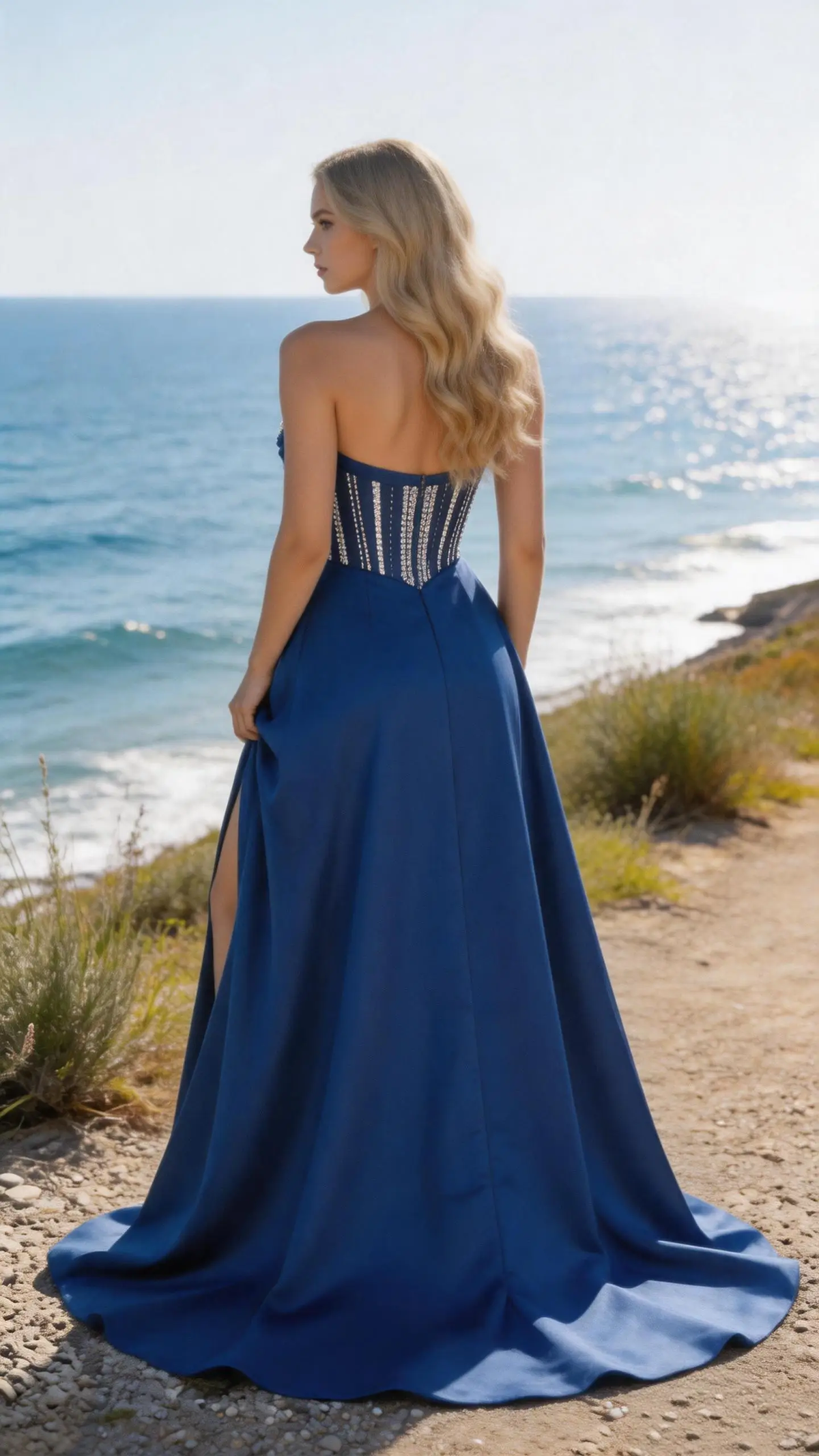 Royal Blue Strapless Corset Ball Gown Crystal Embellished Prom Dress with Slit (ZD16896)