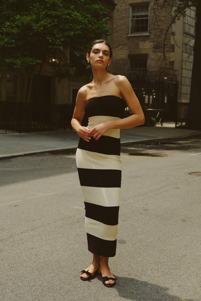 Yvonne Minimalist Strapless Striped Midi Knit Dress Premium Wardrobe Essential