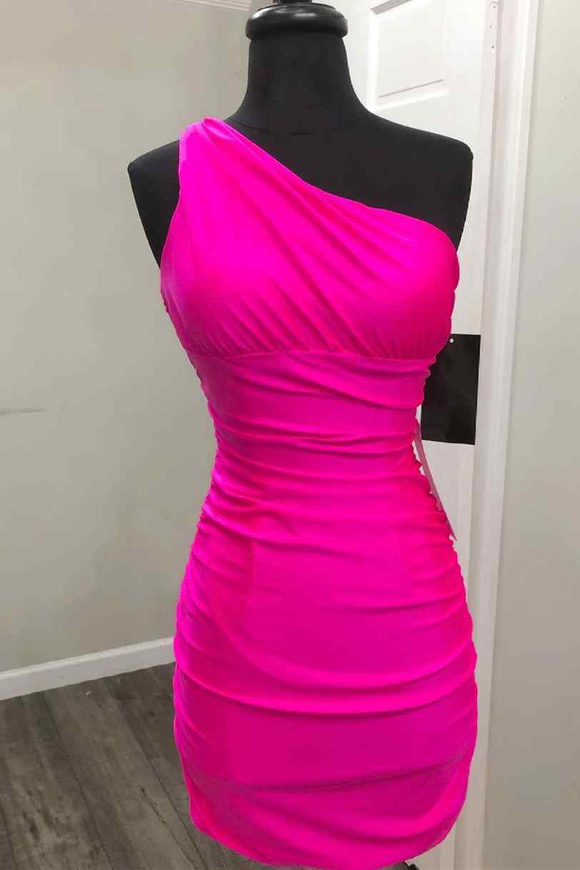 One Shoulder Hot Pink Tight Homecoming Dress - VelvetHem