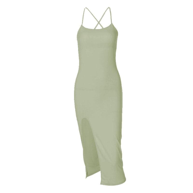 Cross back solid slit backless sleeveless midi dress