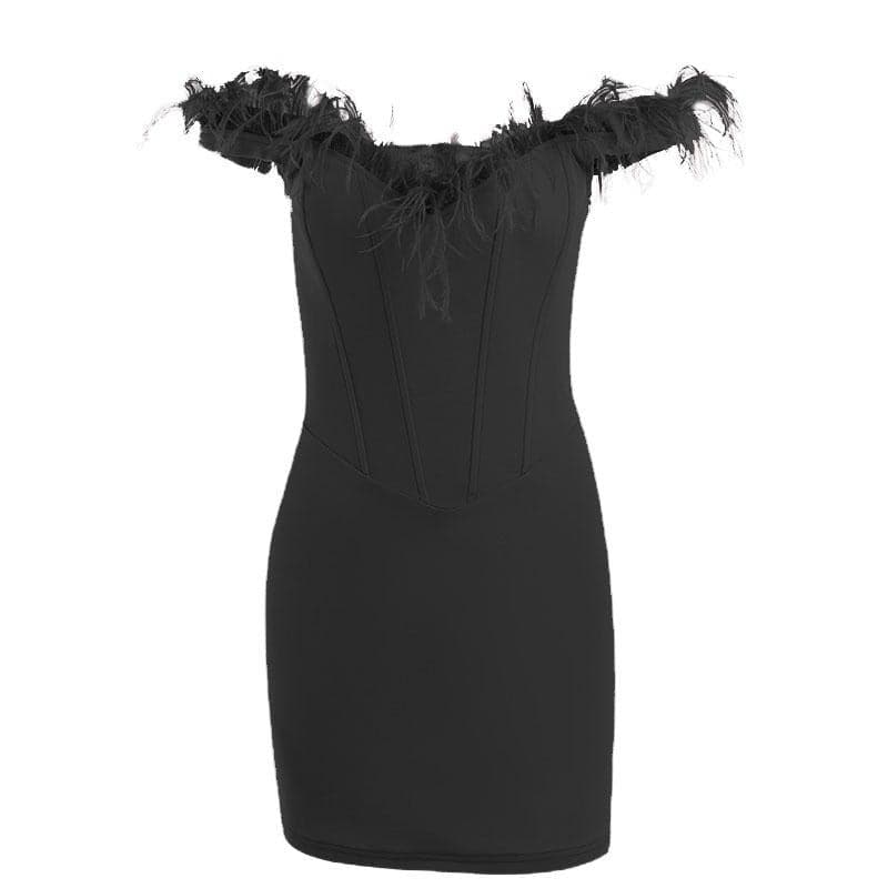 Feather backless zip-up off shoulder corset mini dress