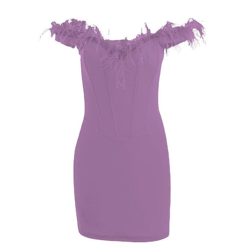Feather backless zip-up off shoulder corset mini dress