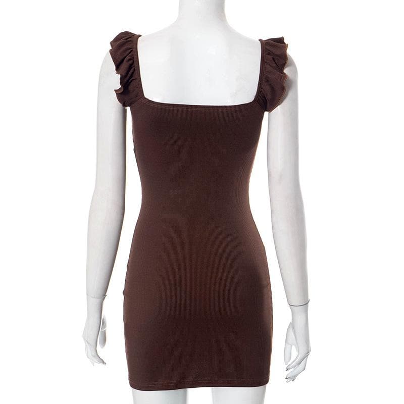 Ribbed cap sleeve flower embroidery ruffle mini dress