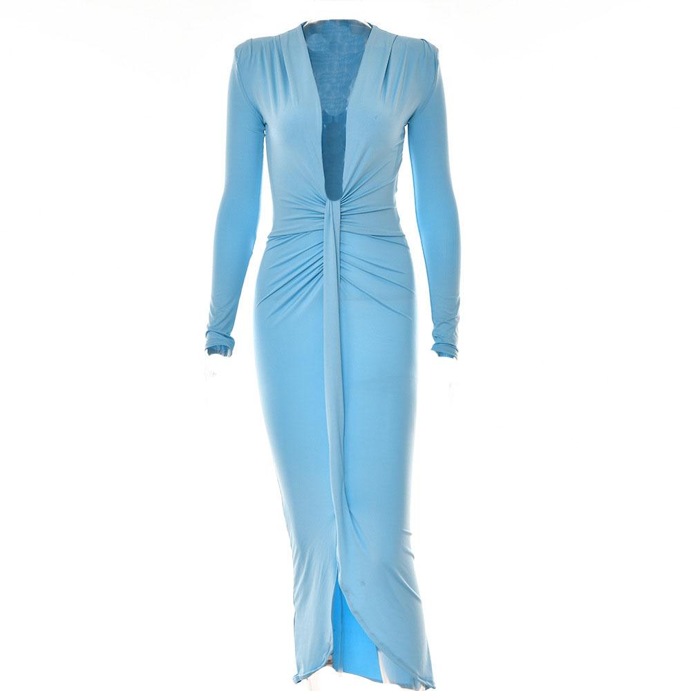 Long sleeve v neck solid ruched slit midi dress