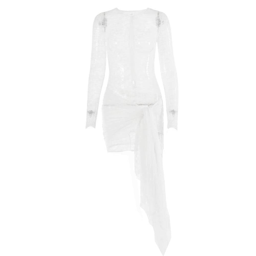 Lace see through long sleeve zip-up self tie ruched mini dress