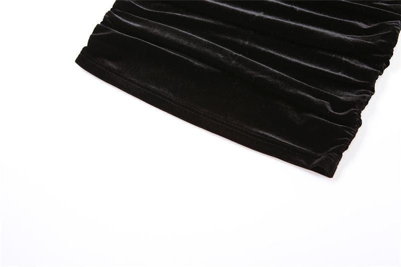 Halter backless velvet gloves hollow out ruched solid mini dress