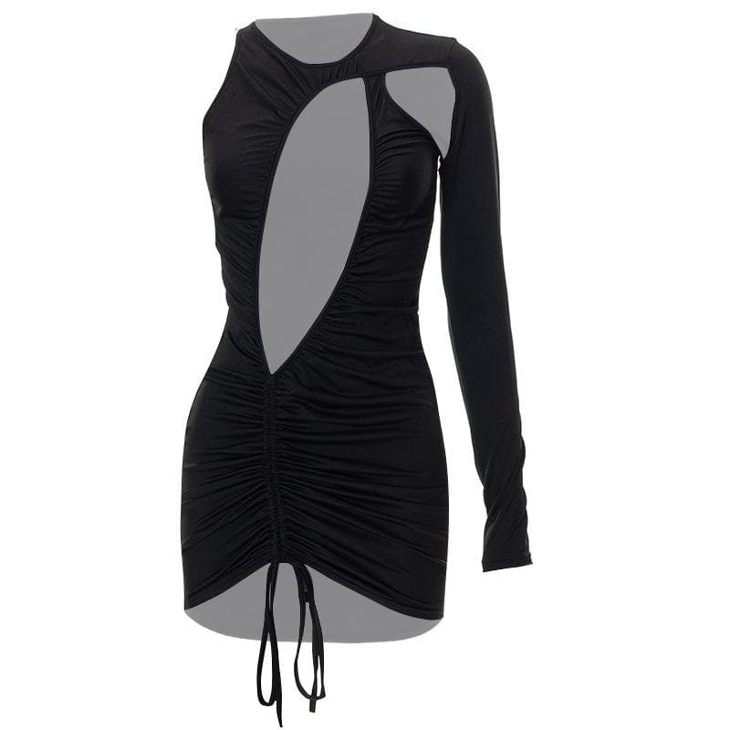 Ruched drawstring irregular solid one shoulder hollow out mini dress