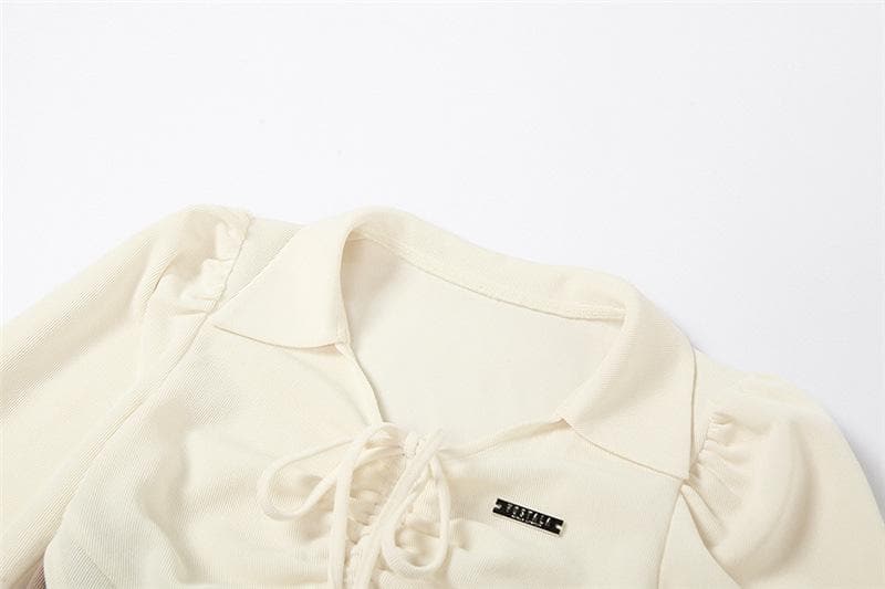 Drawstring turnover collar long sleeve contrast mini dress