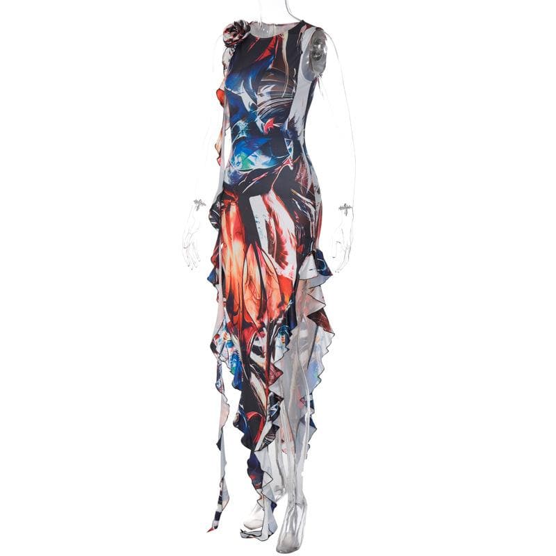 Ribbon sleeveless flower applique contrast print maxi dress