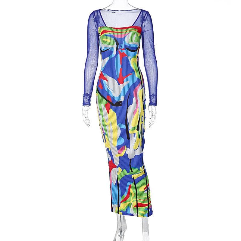 Long sleeve contrast abstract mesh midi dress