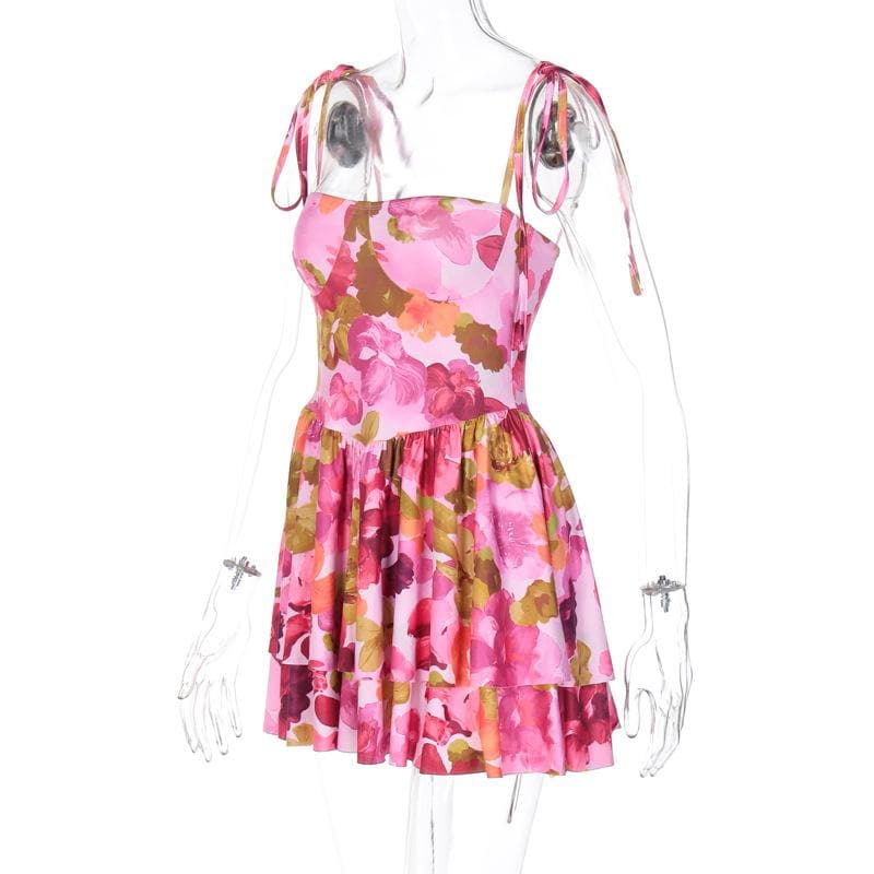 Flower print self tie square neck contrast ruffle mini dress