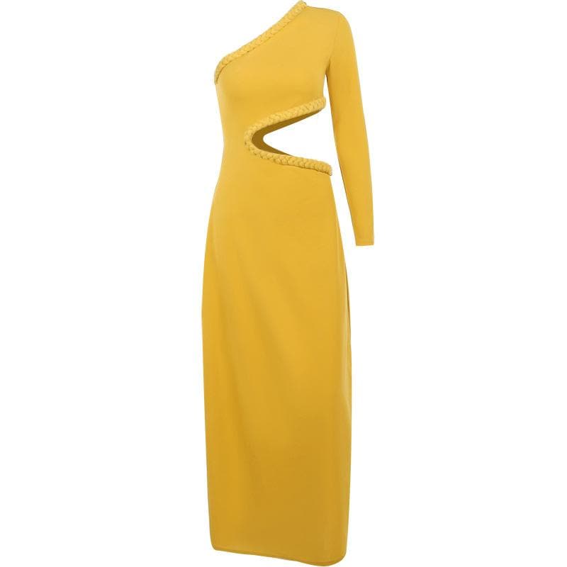 Long sleeve solid hollow out one shoulder backless midi dress - Final Sale