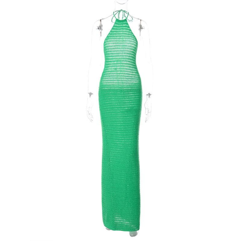 Crochet solid halter backless self tie maxi dress