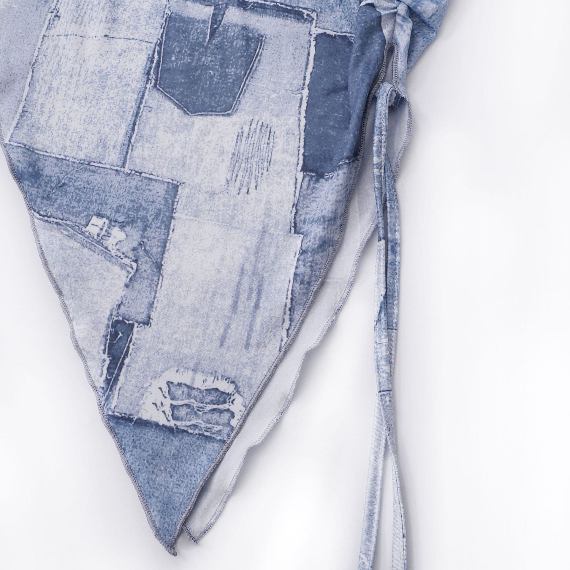 Denim print irregular ruched backless contrast tube mini dress