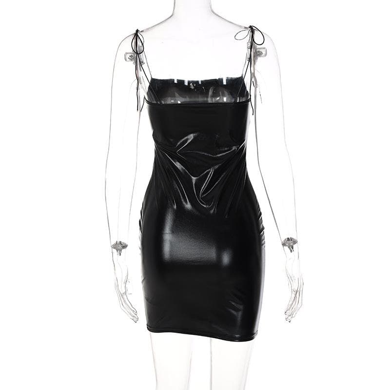 Sleeveless solid PU leather self tie backless mini dress