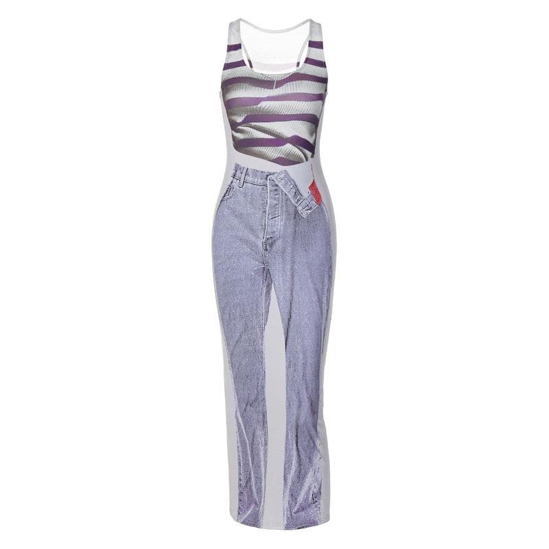 Contrast print sleeveless u neck maxi dress