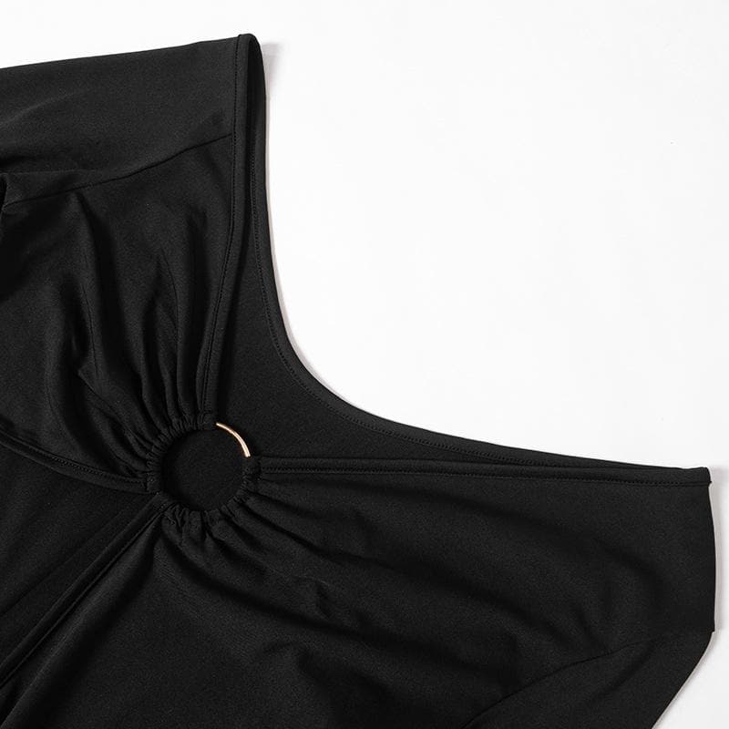 Long flared sleeve irregular solid ruffle o ring hollow out mini dress