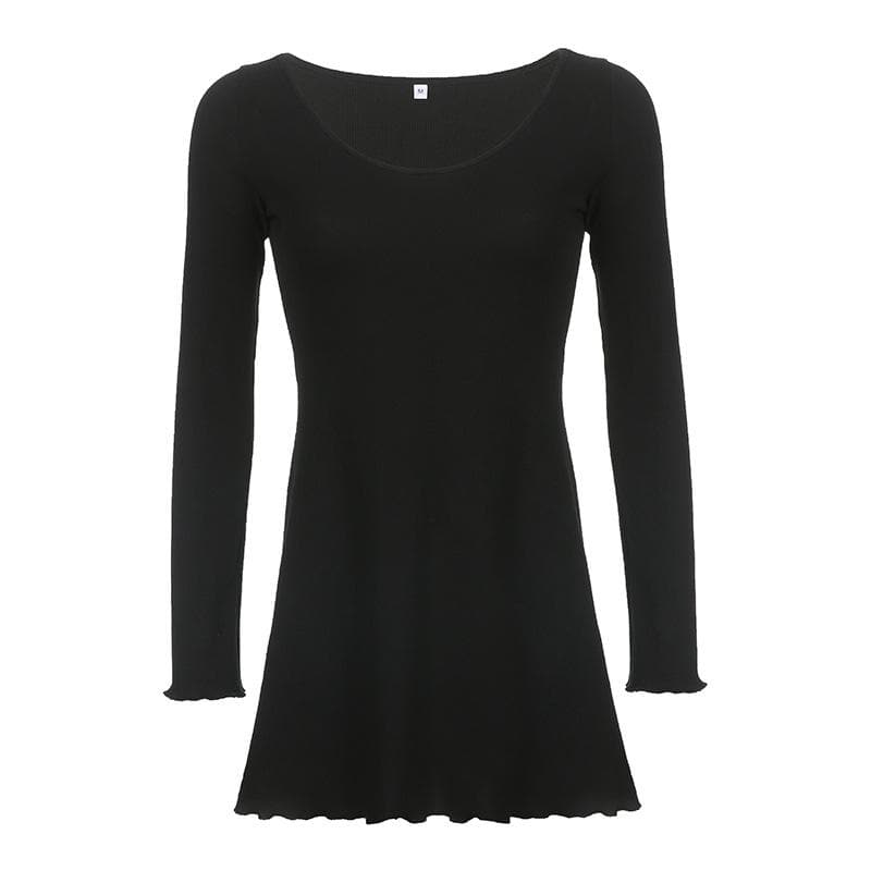 Long sleeve solid ruffle v neck ribbed mini dress
