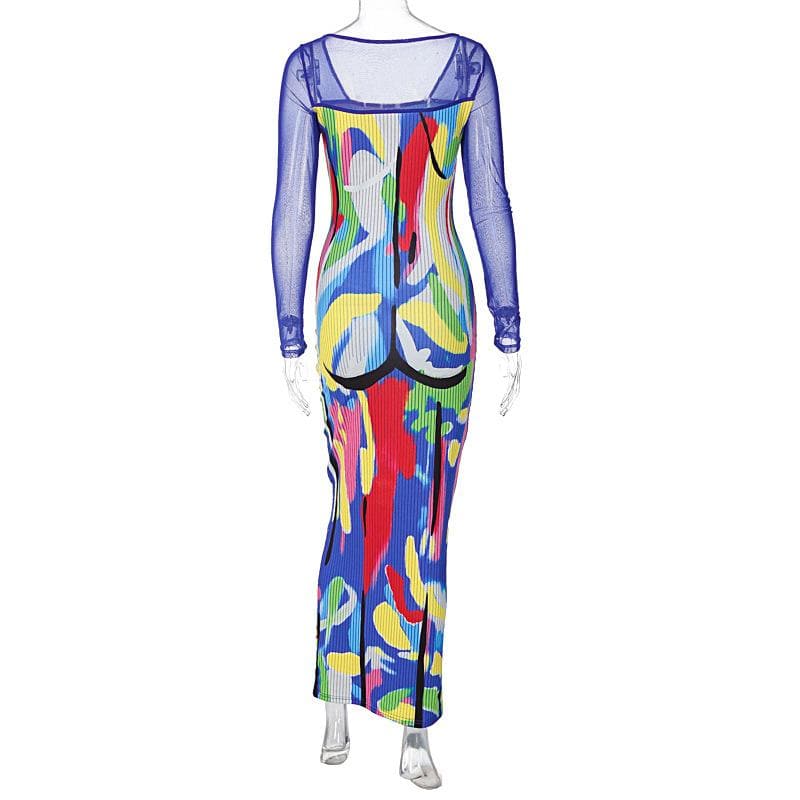 Long sleeve contrast abstract mesh midi dress