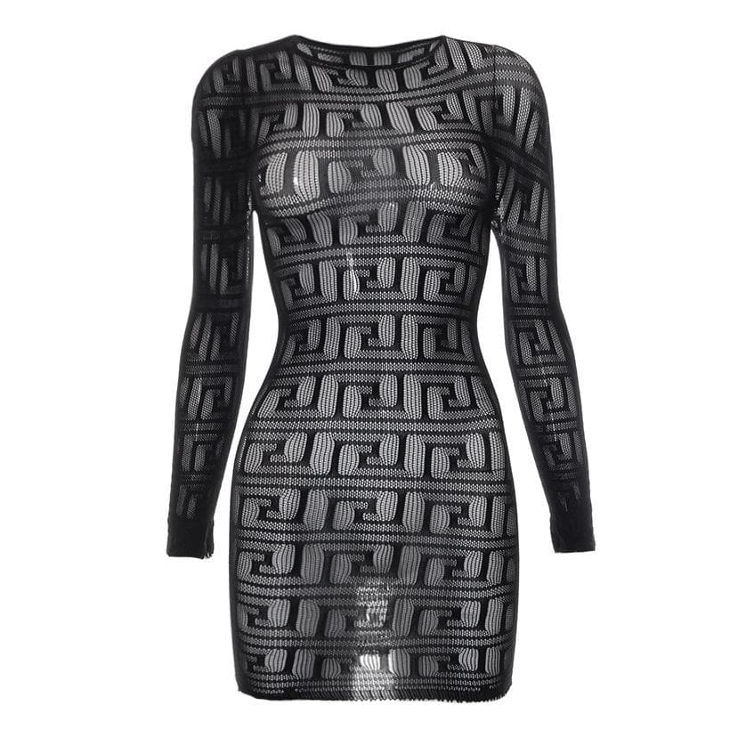 Fishnet see through long sleeve hollow out mini dress