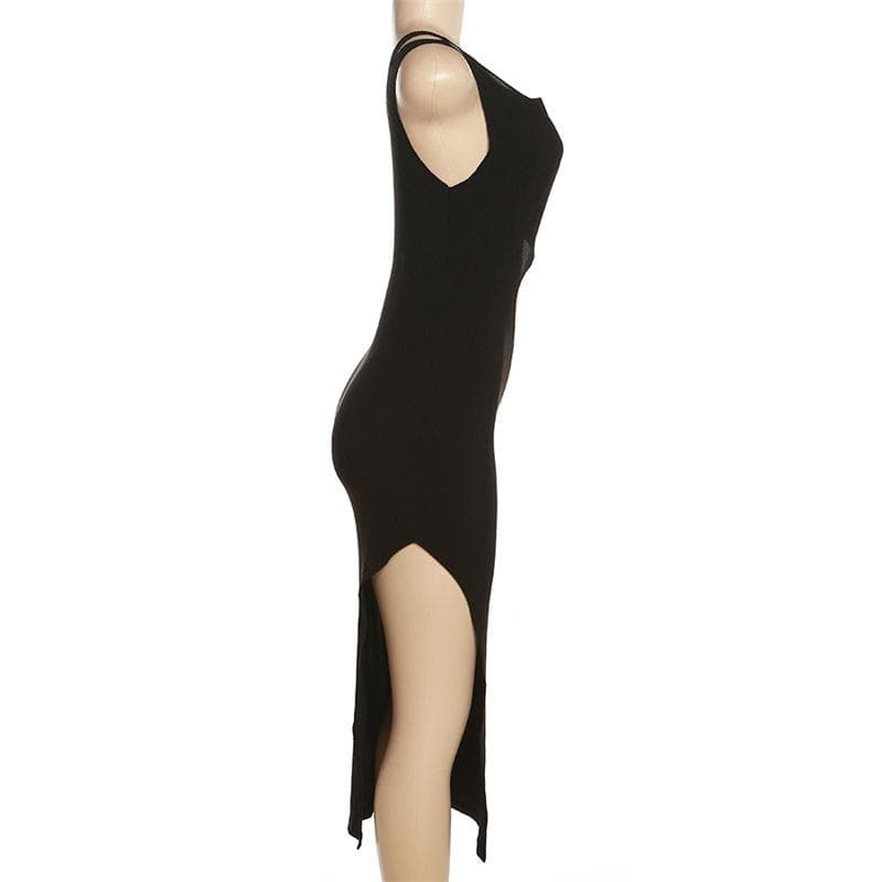 Ribbed solid hollow out sleeveless irregular slit midi dress