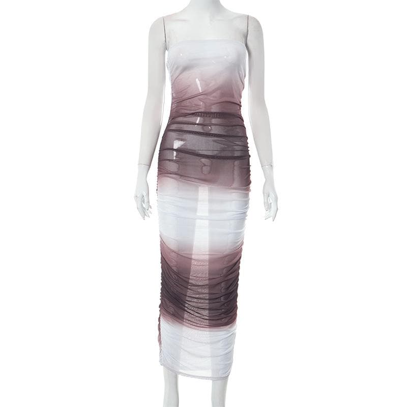 Gradient sheer mesh see through ruched tube maxi dress