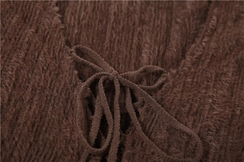 Long sleeve solid knitted hollow out self tie mini dress