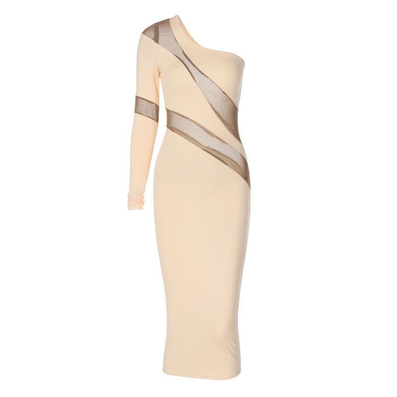 Long sleeve mesh backless one shoulder midi dress