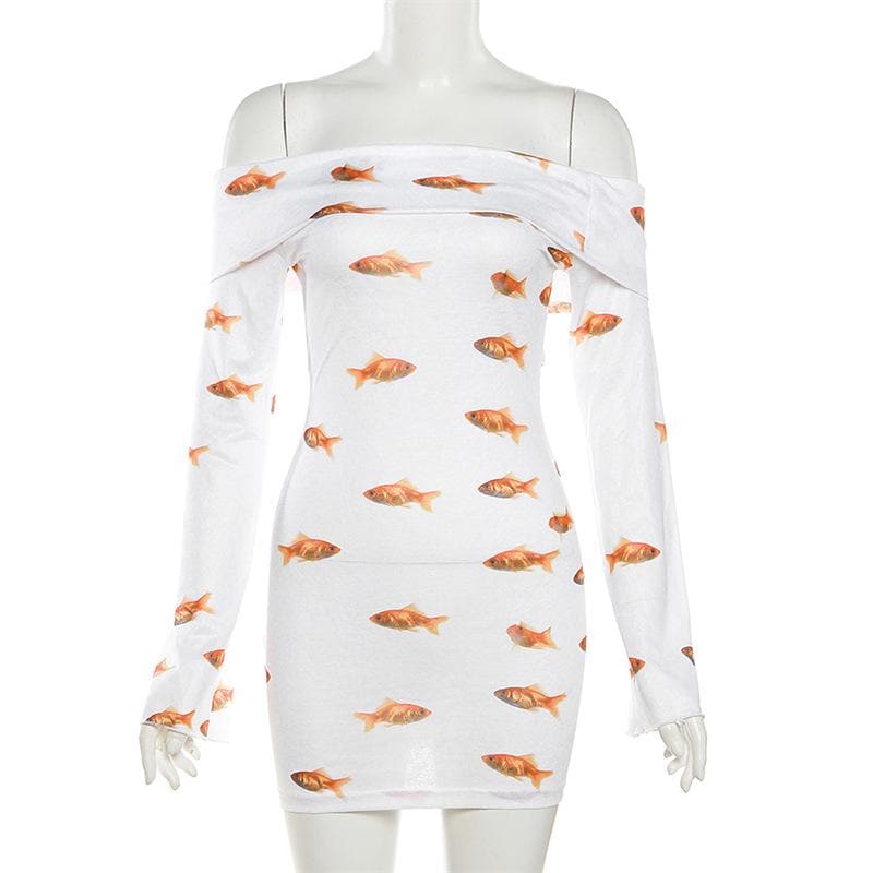 Goldfish print off shoulder long sleeve mini dress
