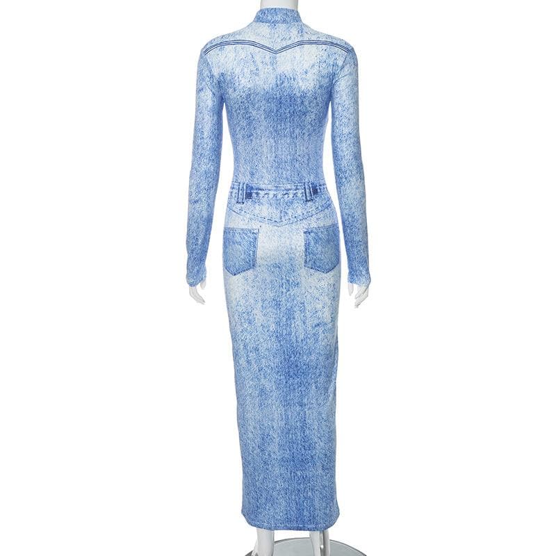 Denim print contrast high neck long sleeve maxi dress